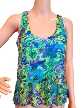 Ruffle Tank Top Scoop Peplum Floral Blouse Lucie Rose Green/Blue Size Medium